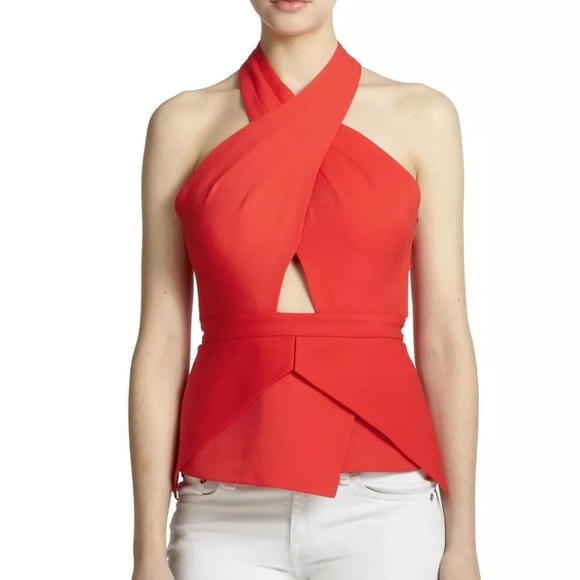 BCBGMAXAZRIA Remmie Open-Back Peplum Halter Top red - Picture 4 of 12